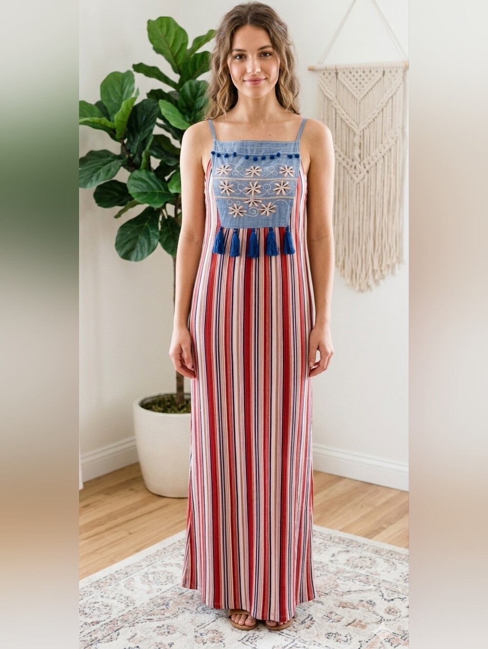 THML Boho Embroidered Tassel Striped Maxi Dress M